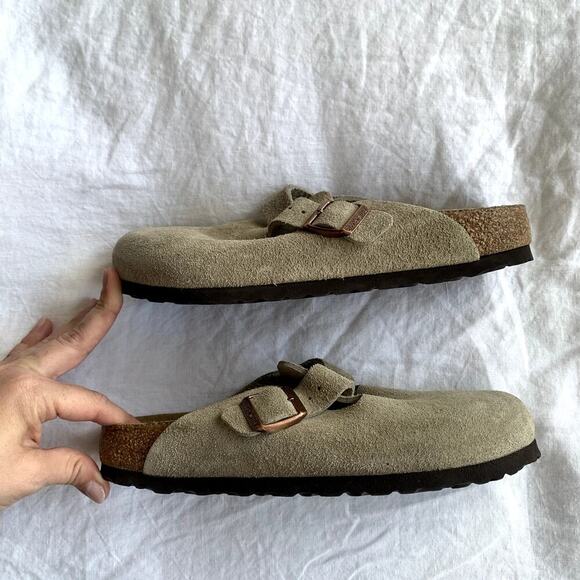 Birkenstock Boston Soft Footbed Suede Leather Clogs Mules Sandals Taupe - Picture 2 of 8